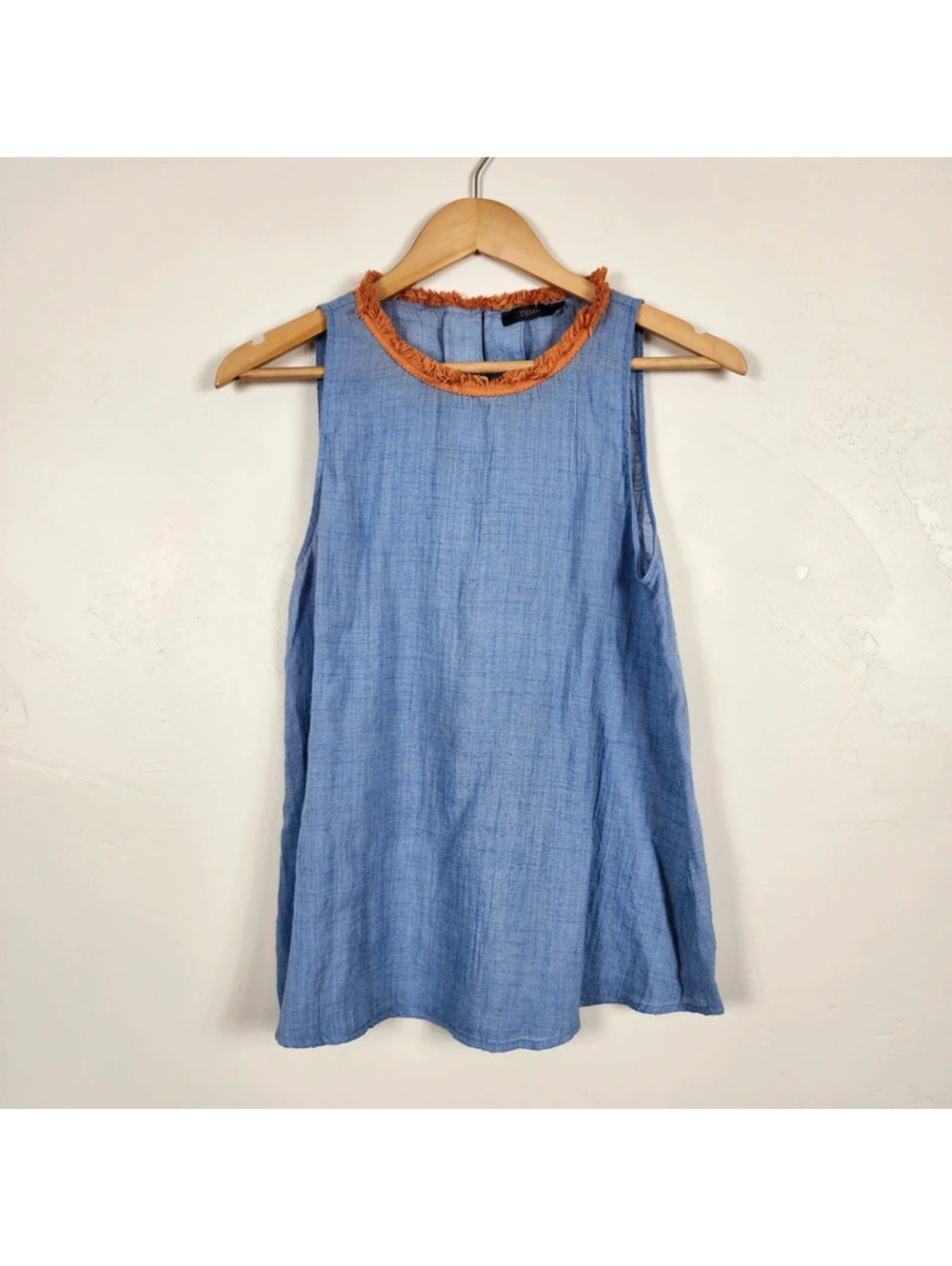 THML Sleeveless Blue Rayon Blend Top with Orange Fringe Neckline, Size S